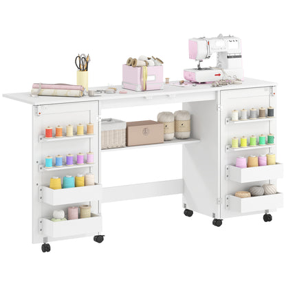 Folding Sewing Table with 2 Magnetic Doors, Rolling Craft Table with 4 Bins, 20 Pegs, Storage Shelf, Lockable Wheels, Space Saving Drop Leaf Sewing Machine Table for Small Spaces, White