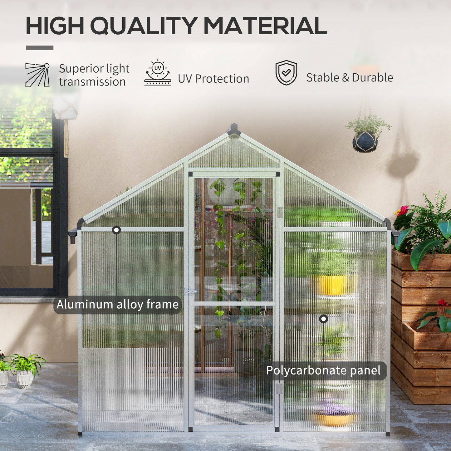 6 x 10ft Polycarbonate Greenhouse with Rain Gutters, Large Walk-In Green House with Window, Garden Plants Grow House with Aluminium