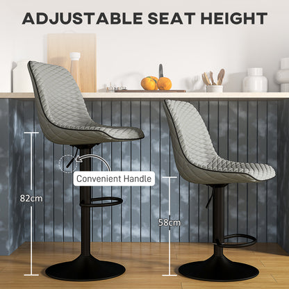 Set of 2 Bar Stools, Adjustable Swivel Breakfast Barstools, Grey