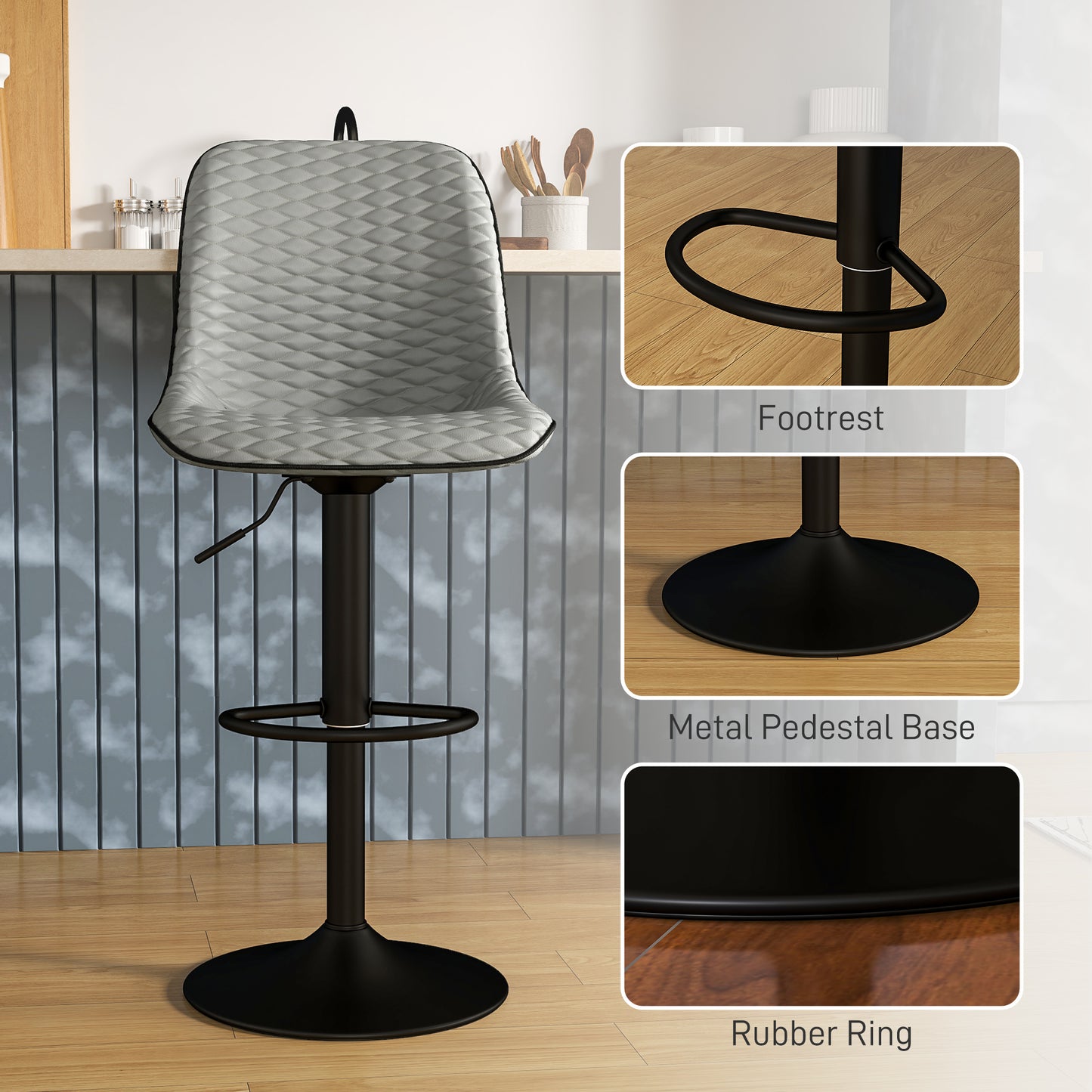 Set of 2 Bar Stools, Adjustable Swivel Breakfast Barstools, Grey