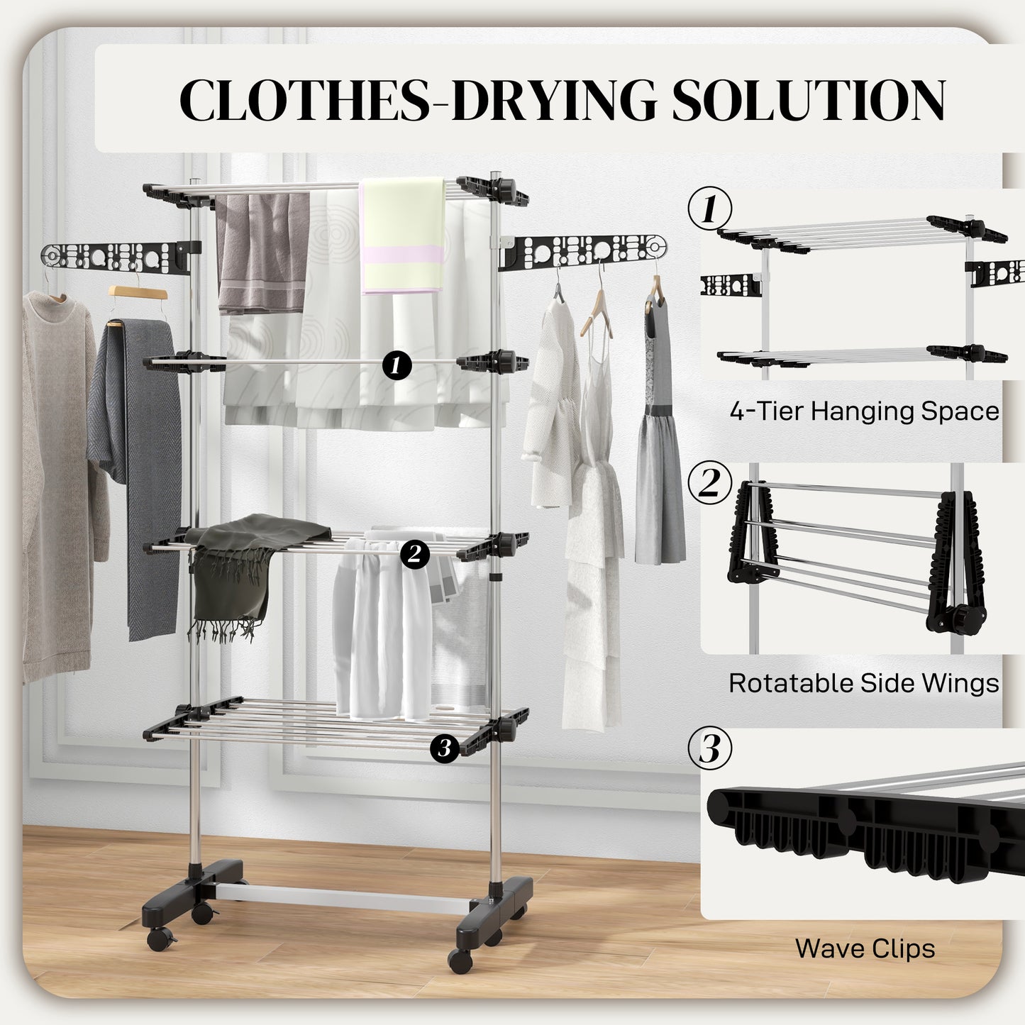 4-Tier Large Clothes Airer Stainless Steel Clothes Drying Rack Black