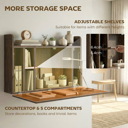 Wall Mounted Table w/ Space Saving Storage Compartments, Dark Brown