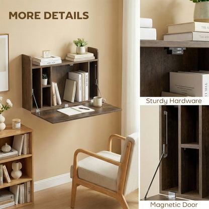 Wall Mounted Table w/ Space Saving Storage Compartments, Dark Brown