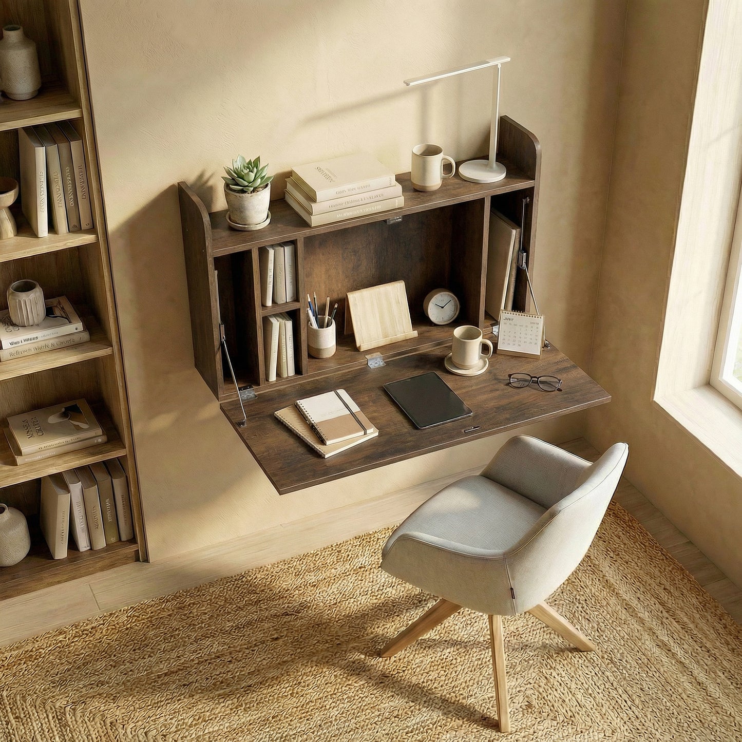 Wall Mounted Table w/ Space Saving Storage Compartments, Dark Brown
