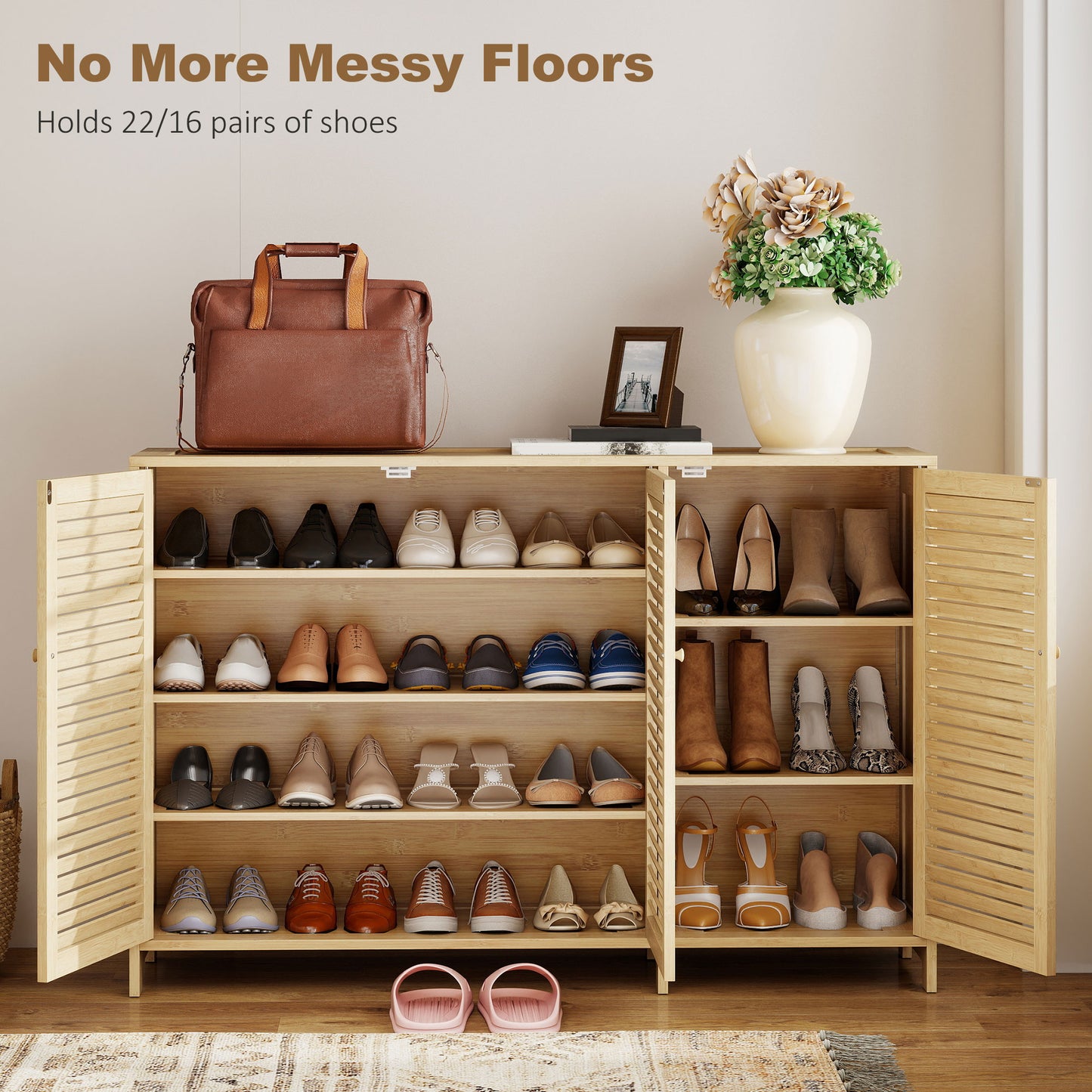 Bamboo Shoe Cabinet with Louvered Doors 18 Pairs Shoe Storage Cabinet