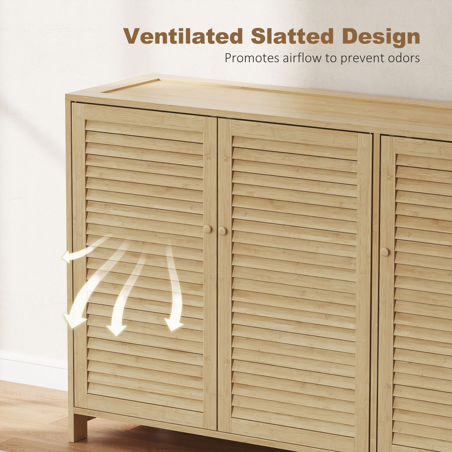 Bamboo Shoe Cabinet with Louvered Doors 18 Pairs Shoe Storage Cabinet
