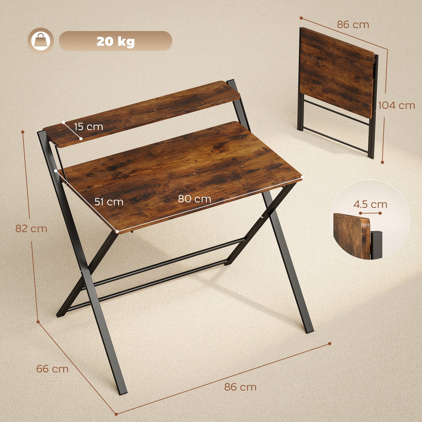 Folding Desk with 2-Tier Shelf for Home Office, Rustic Brown