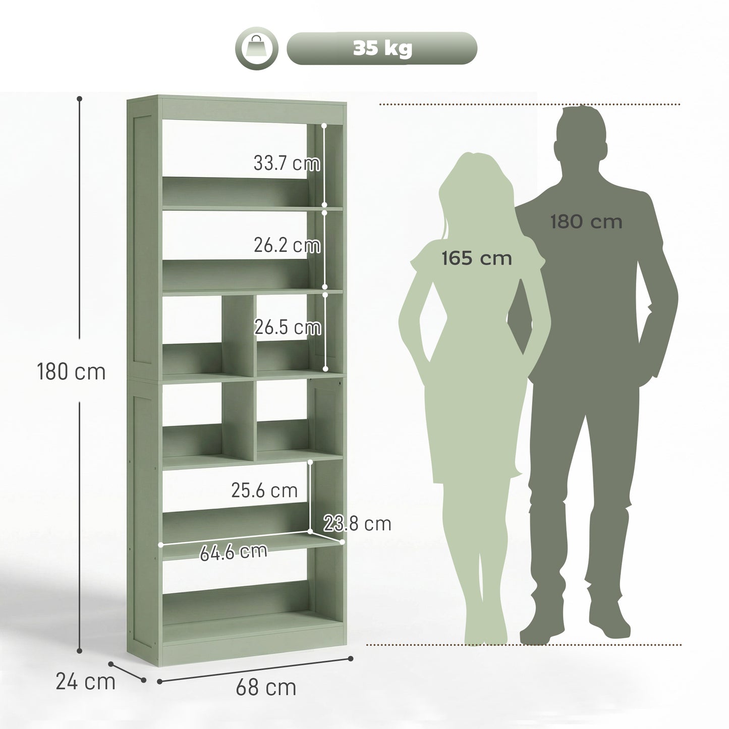 Bookcase, 6-Tier Bookshelf with 4 Open Storage Shelves, 4 Cubes, 68 x 24 x 180 cm Tall Display Shelf with Anti-Tipping Design for Living Room, Bedroom, Study, Green