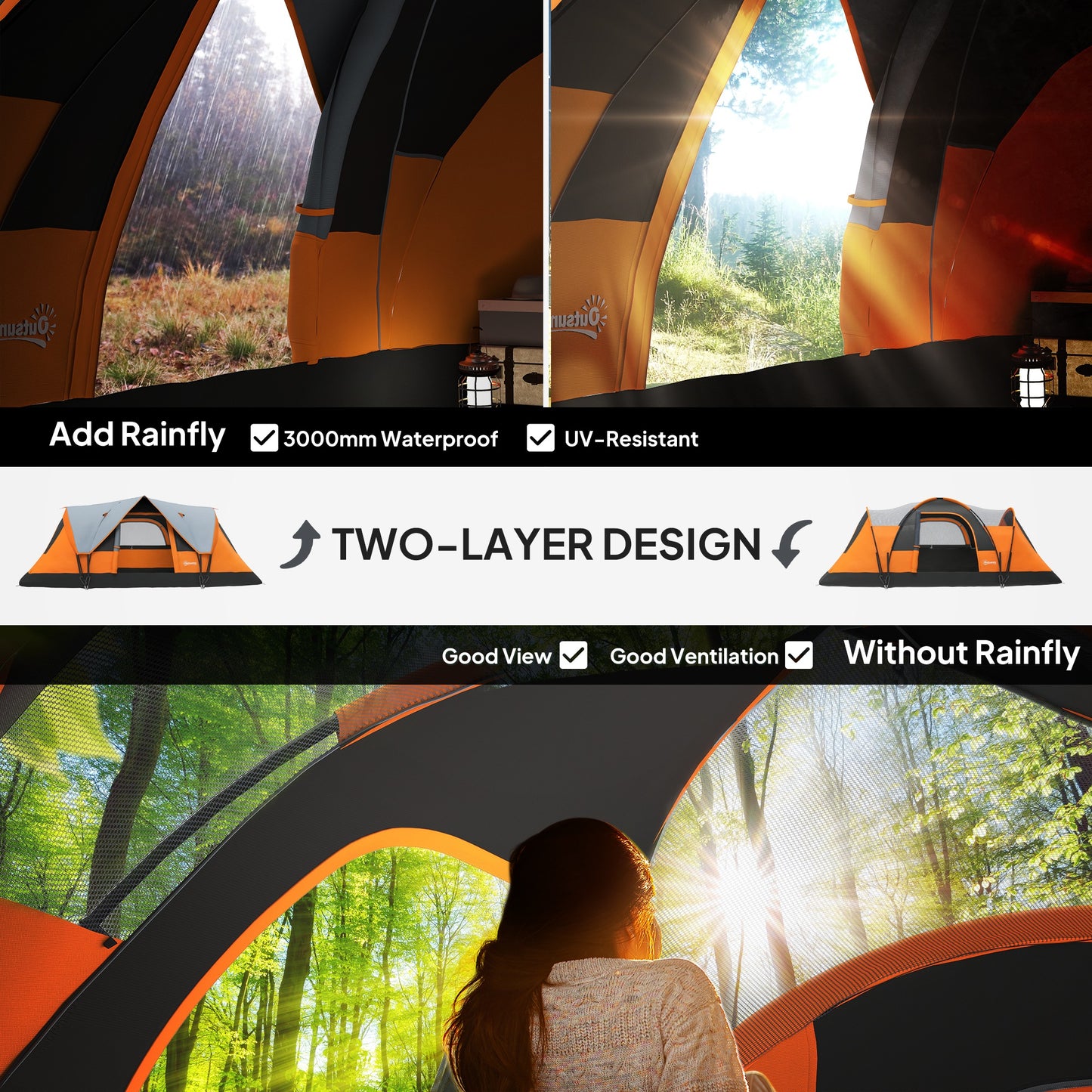 5-6 Man Camping Tent with Bag, Fibreglass and Steel Frame, Orange