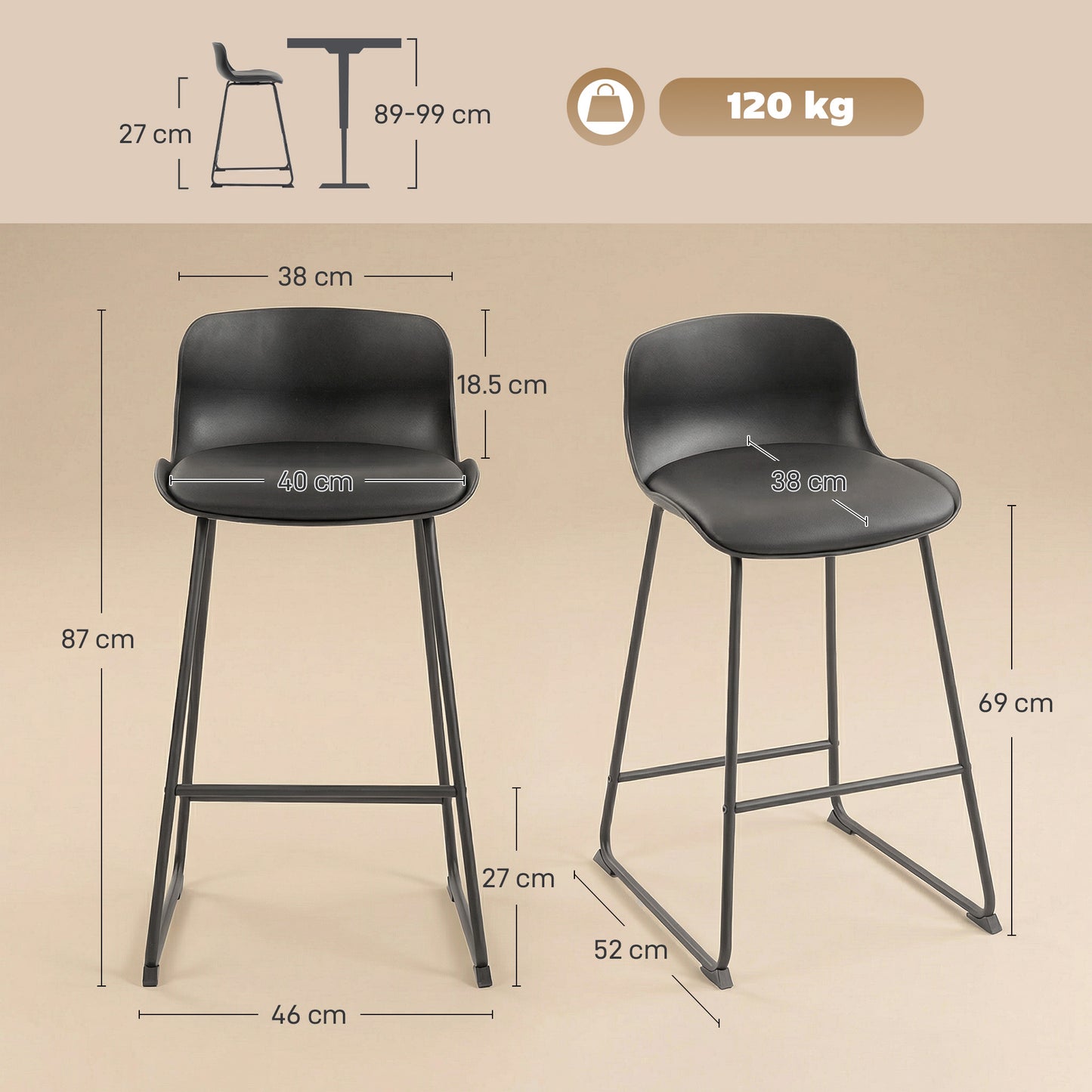 Modern Bar Stools Set of 2, PU Leather Upholstered Barstools, Black