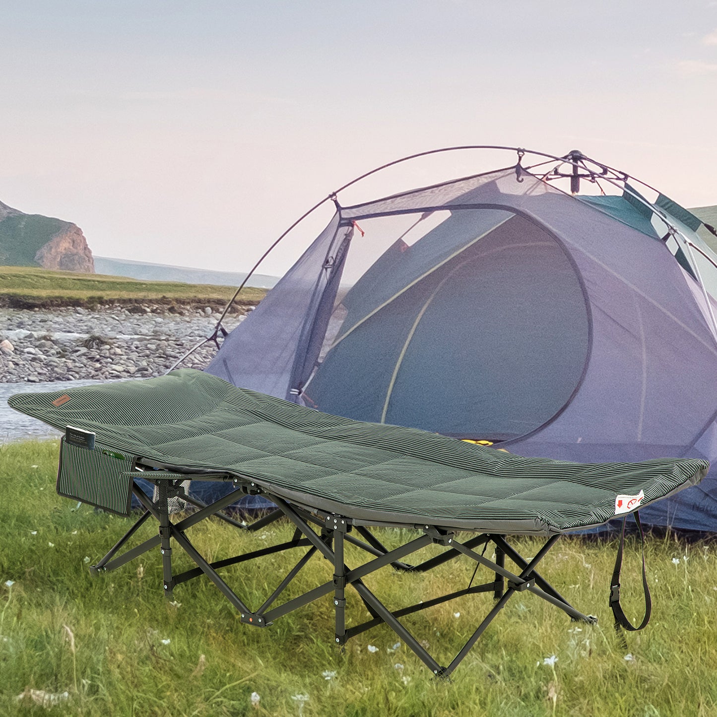 Camping Bed w/ Carry Bag, Magazine Bag & Cup Holder, Grey