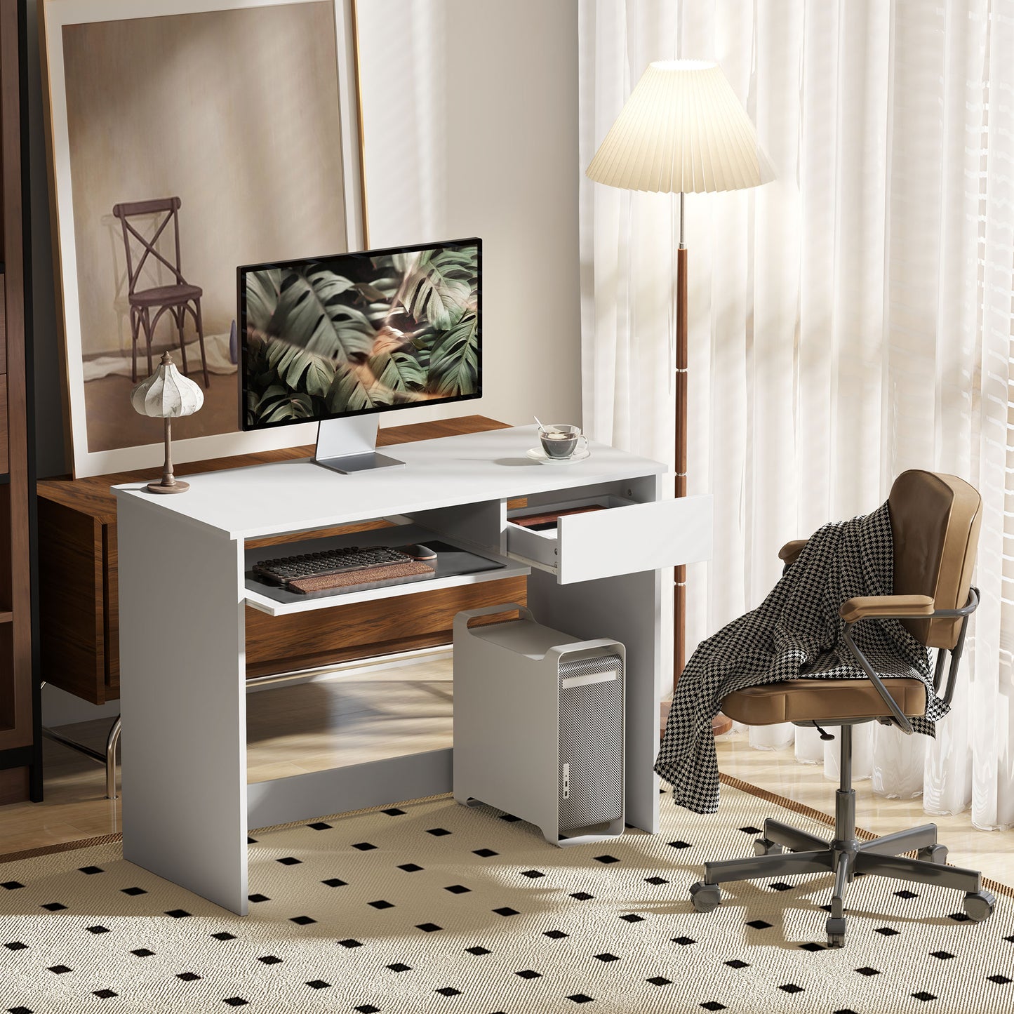 Compact Computer Table with Keyboard Tray and Drawer, White