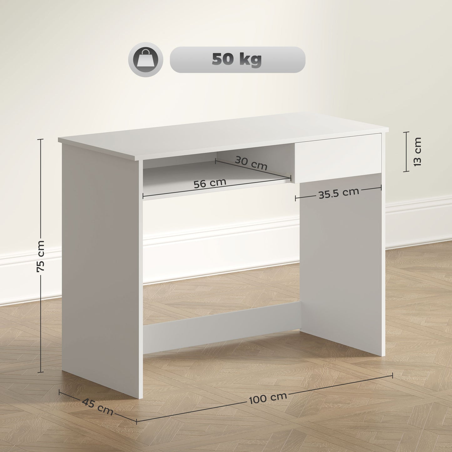 Compact Computer Table with Keyboard Tray and Drawer, White