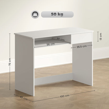 Compact Computer Table with Keyboard Tray and Drawer, White