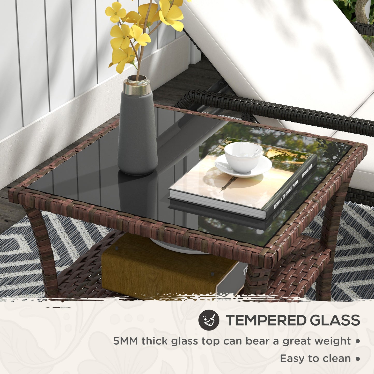 50cm Outdoor PE Rattan Coffee Table, Patio Wicker Two-tier Side Table with Glass Top, for Patio, Garden, Balcony, Brown
