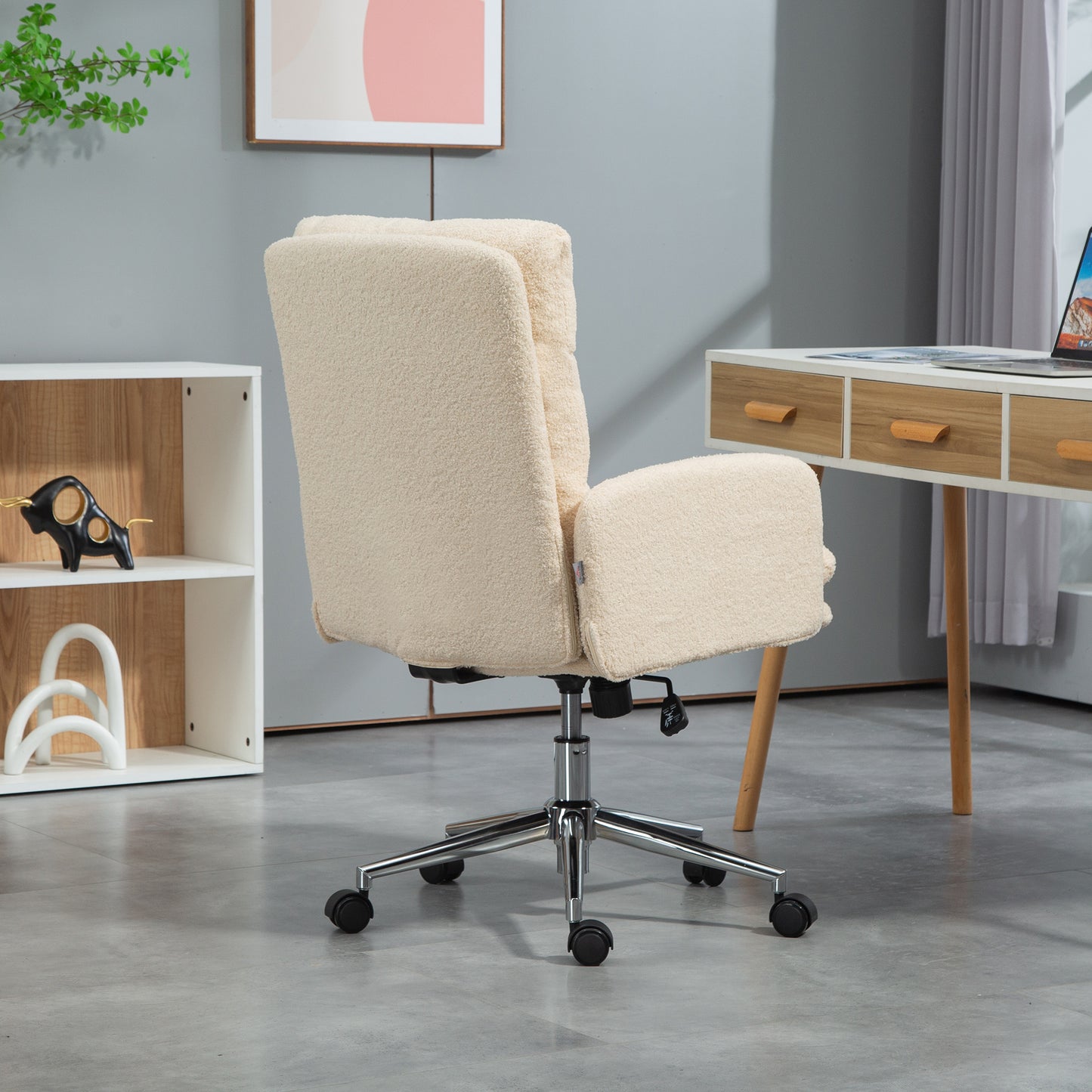 Upholstered Desk Chair with Height Adjustable, Cream White