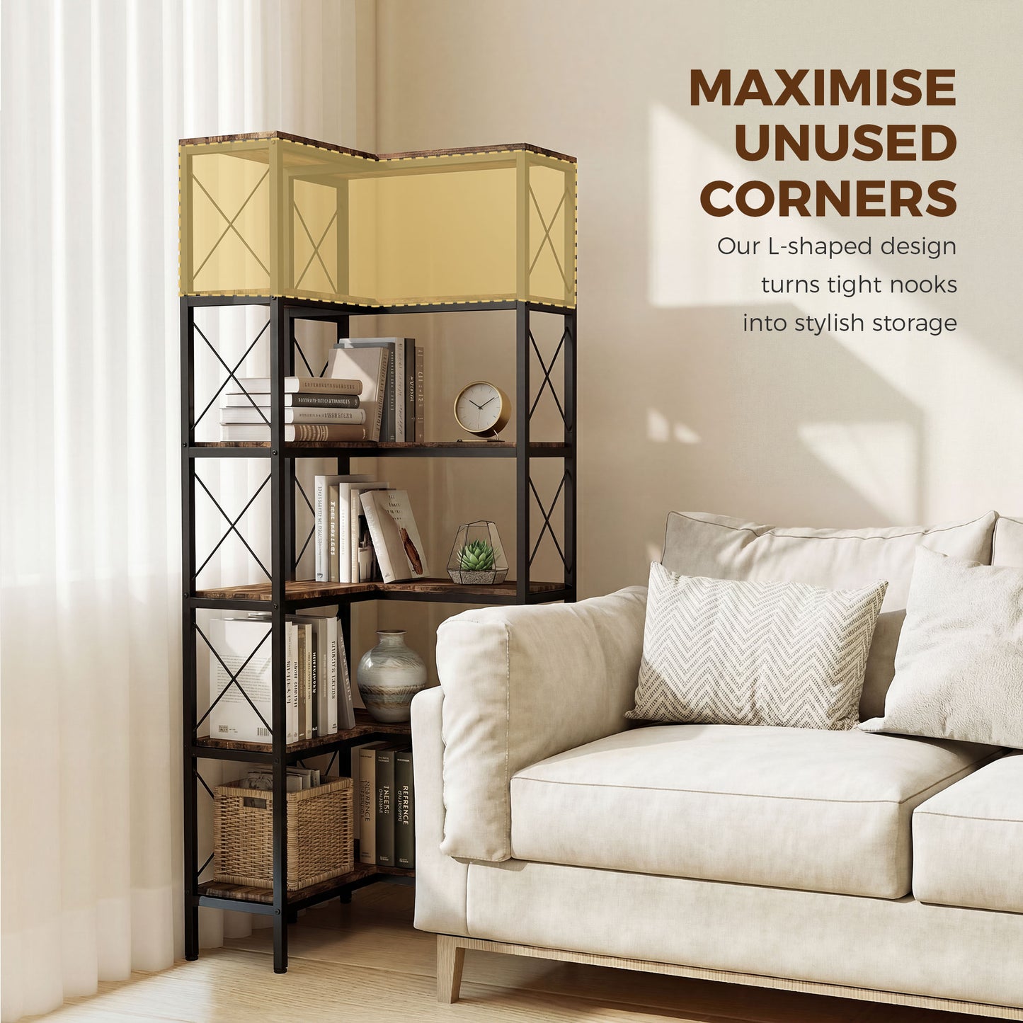 5-Tier Corner Bookshelf, L-Shaped Bookcase, Freestanding Display Shelf with Metal Frame for Living Room, Home Office, Bedroom, 60 x 60 x 167 cm, Rustic Brown