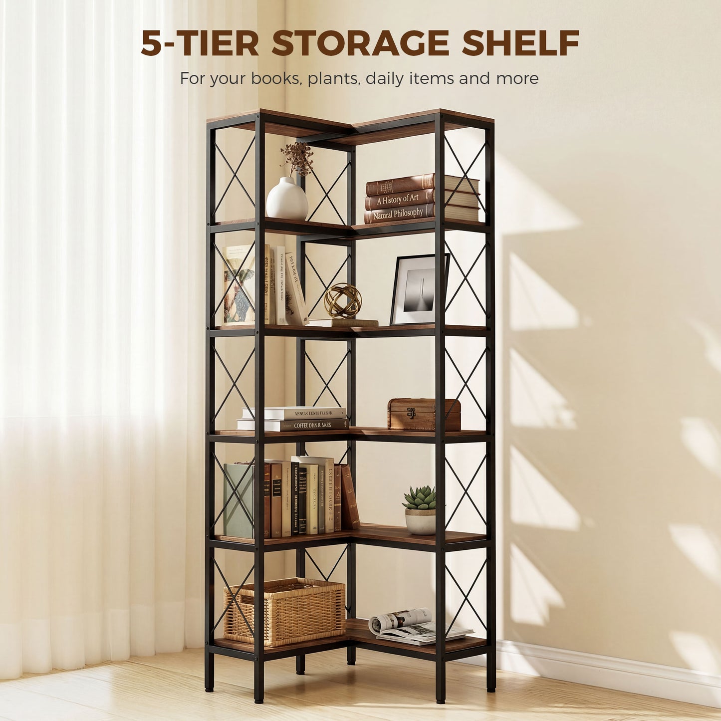 5-Tier Corner Bookshelf, L-Shaped Bookcase, Freestanding Display Shelf with Metal Frame for Living Room, Home Office, Bedroom, 60 x 60 x 167 cm, Rustic Brown