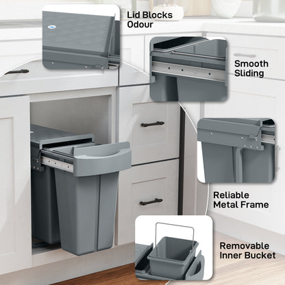 Under-Sink Kitchen Trash Bin, 2 Removable Recycling Containers, 20L + 10L, Smooth Slide, Handle, Diamond Pattern Lid, Grey