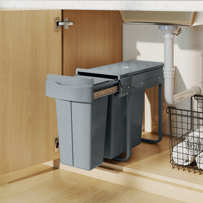 Under-Sink Kitchen Trash Bin, 2 Removable Recycling Containers, 20L + 10L, Smooth Slide, Handle, Diamond Pattern Lid, Grey