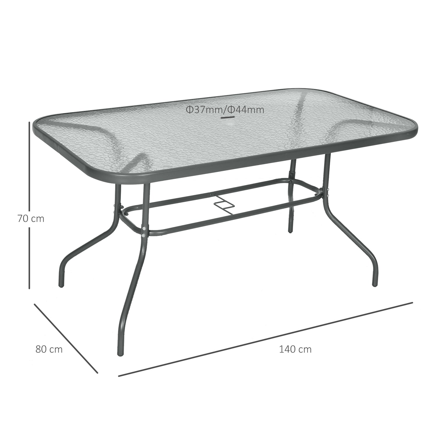Aquatex Glass Garden Table Curved Metal Frame w/ Parasol Hole 4 Legs Outdoor Dining Sturdy Balcony Friends Family Tempered Grey