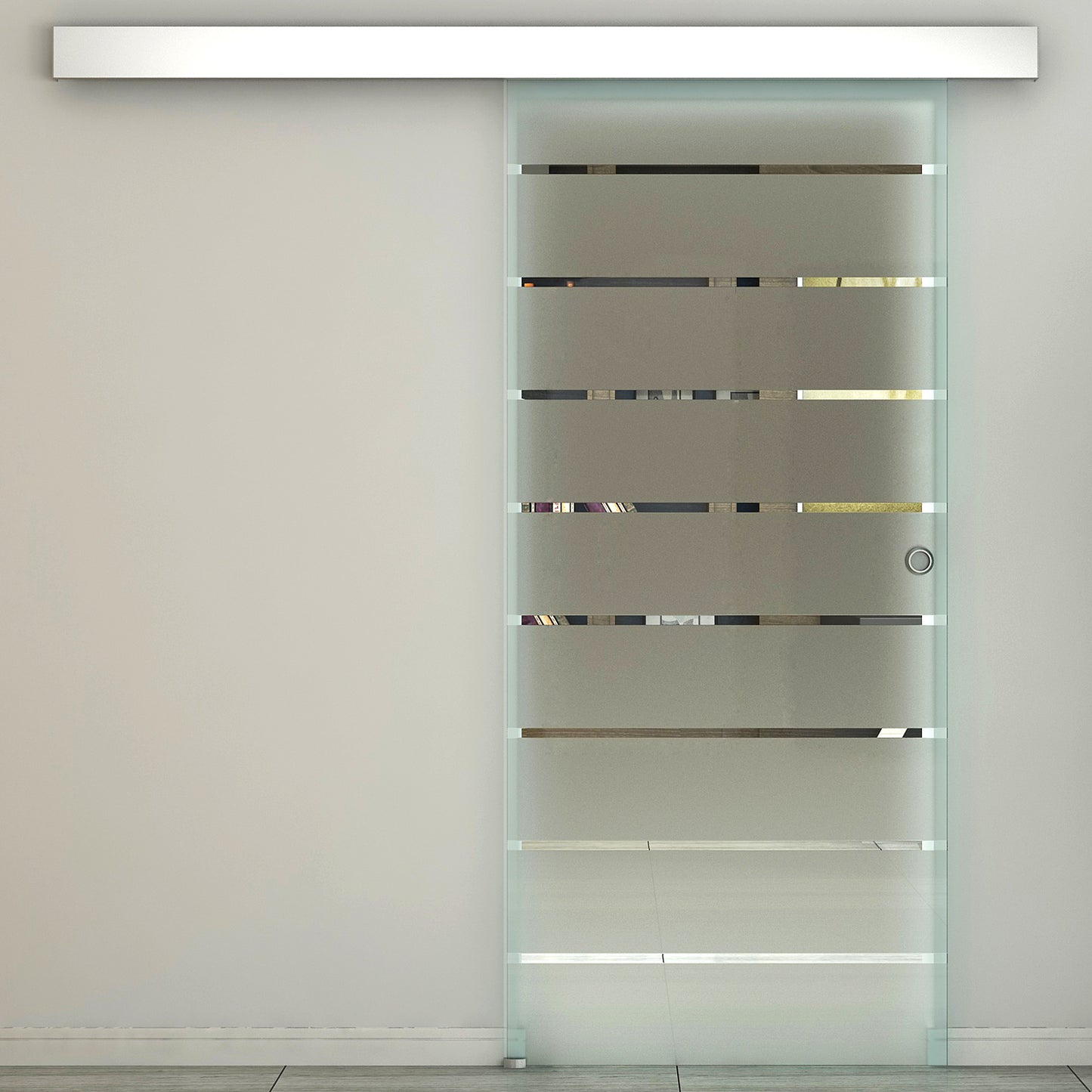 90cm Sliding Glass Door Set Include Hardware Track Kit, Frosted Tempered Glass with Stripe Pattern, Round Handle