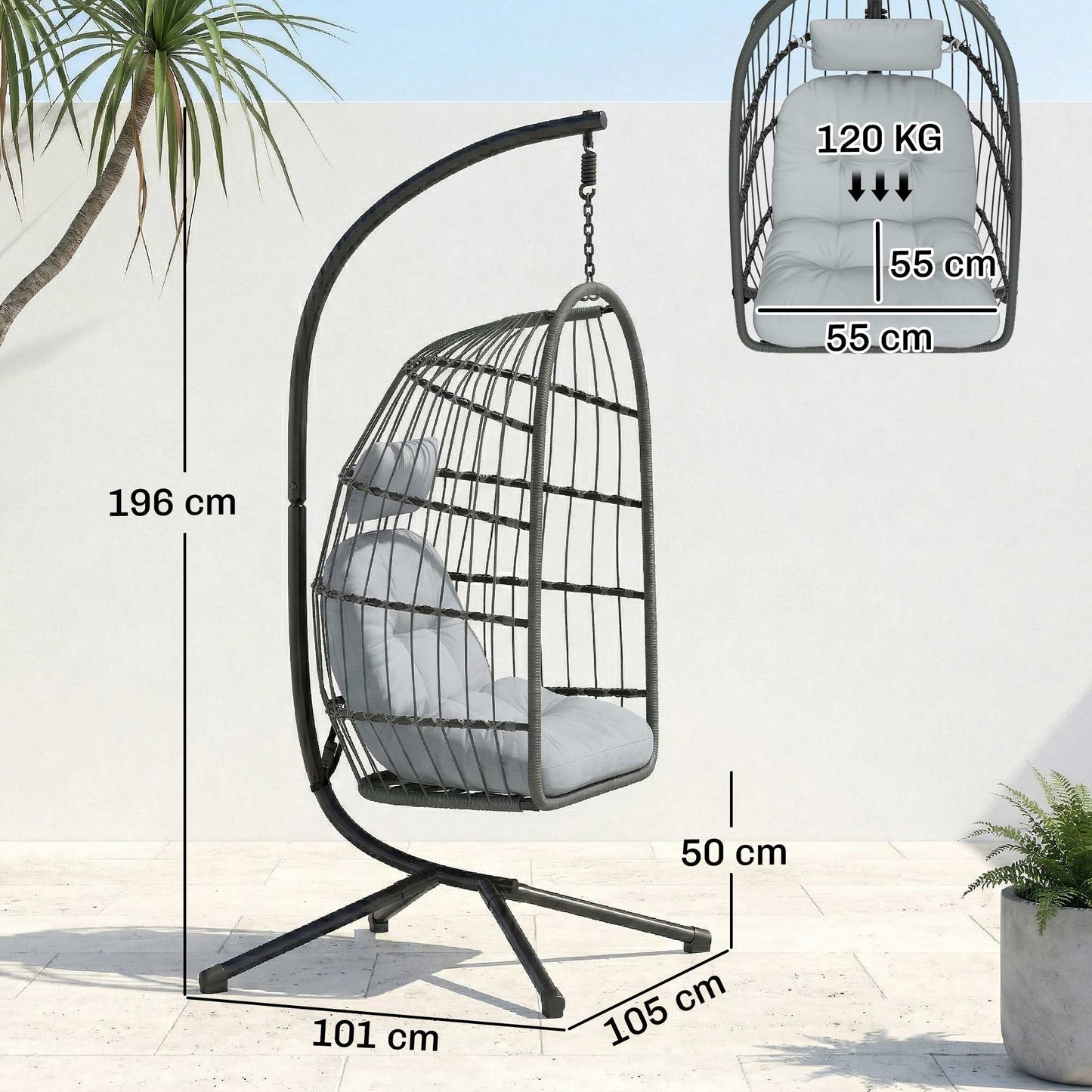 Hanging Egg Chair, Outdoor Swing Chair with Stand, Dark/Light Grey