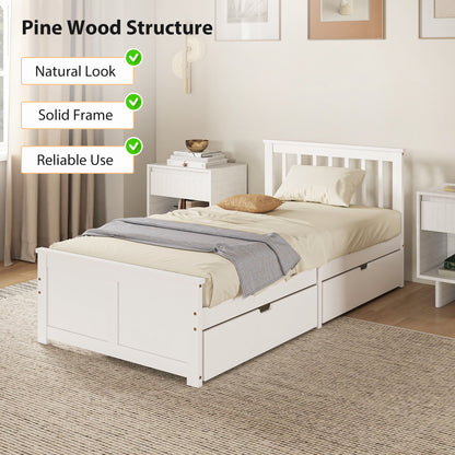Wooden Single Storage Bed with 2 Drawers, Pine Wood Bed Frame, 90 x 190 cm, White