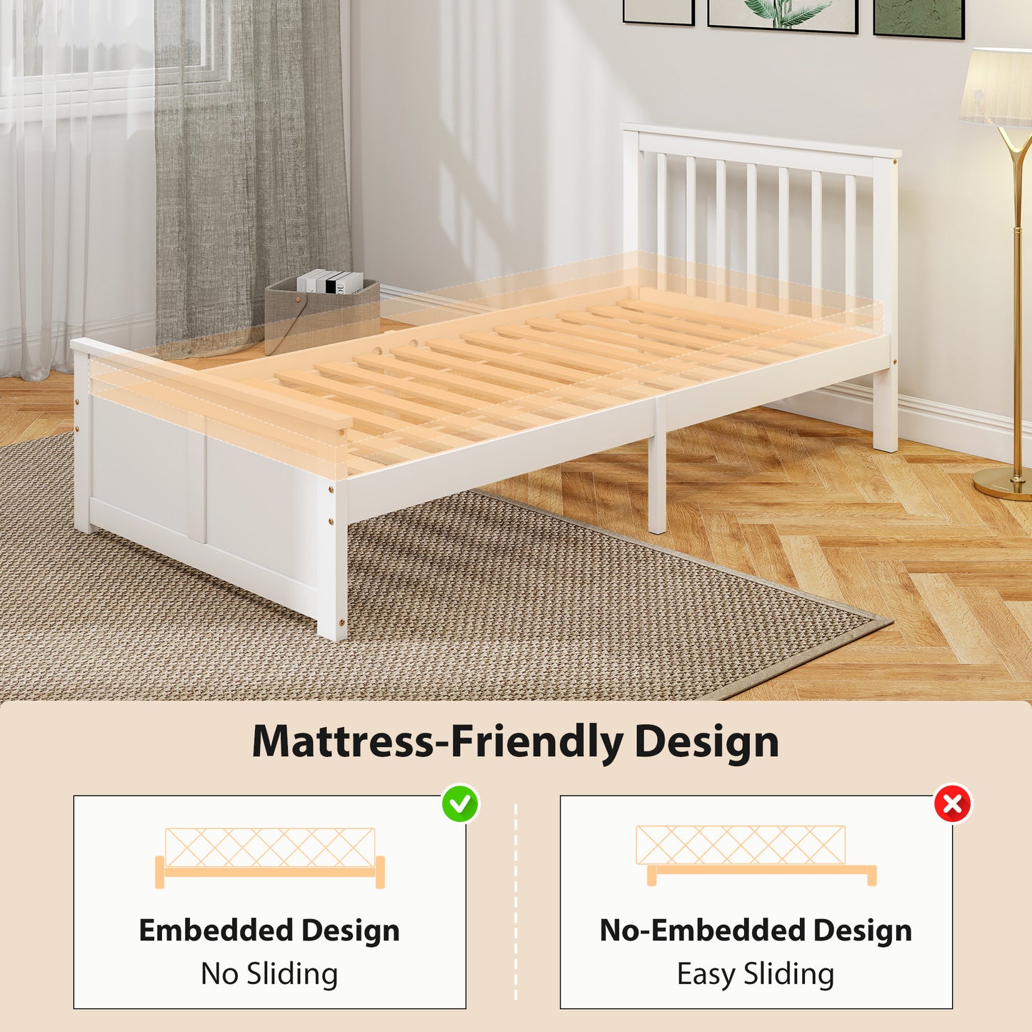 Wooden Single Storage Bed with 2 Drawers, Pine Wood Bed Frame, 90 x 190 cm, White