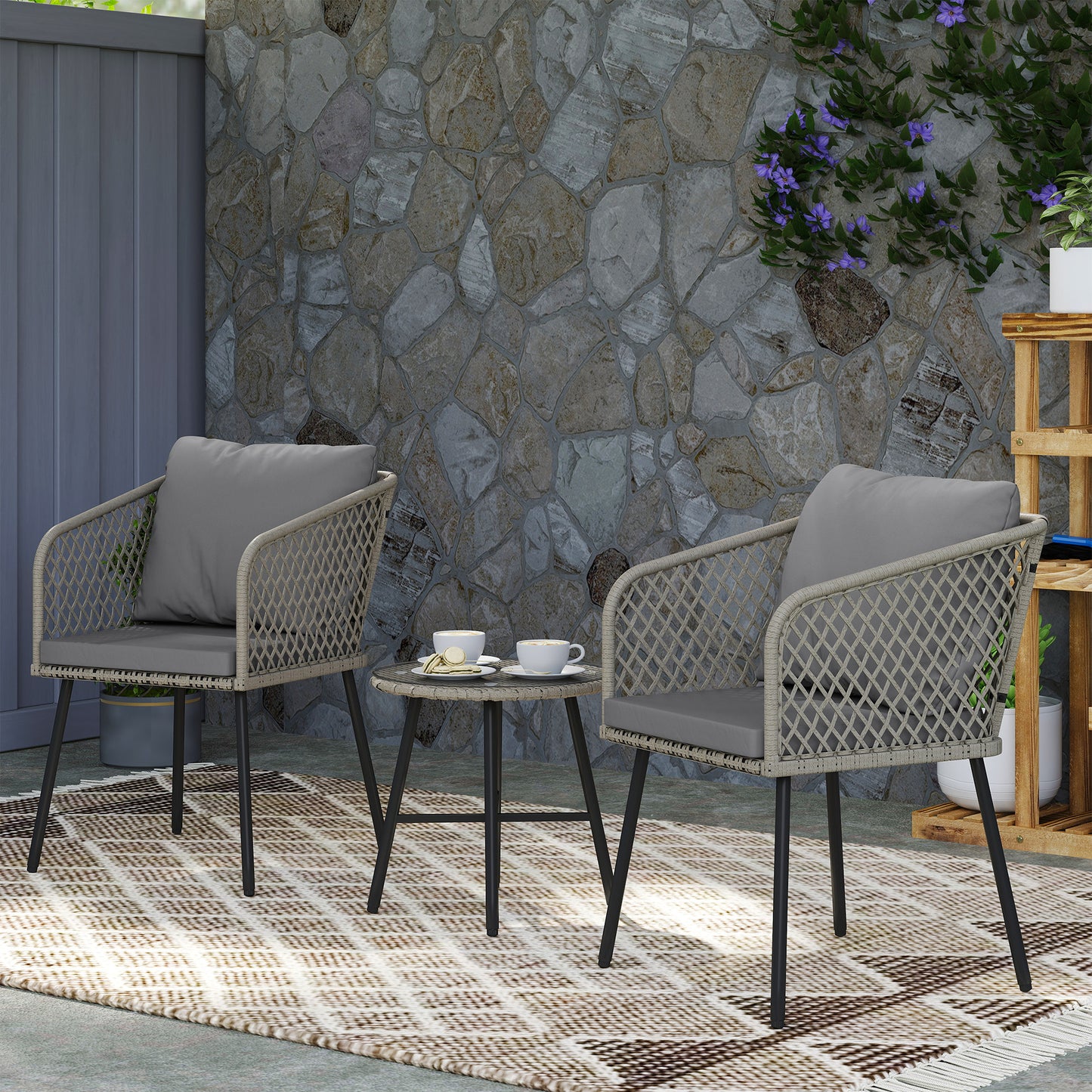 3 Piece Rattan Bistro Set with Cushions, Grey