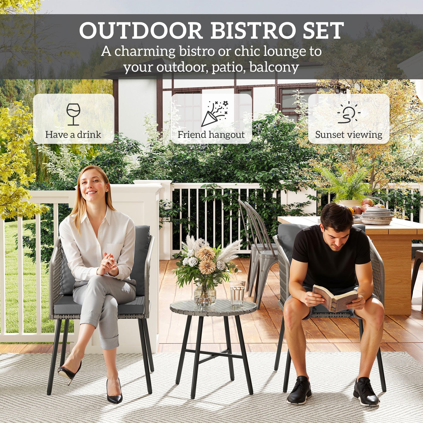 3 Piece Rattan Bistro Set with Cushions, Grey