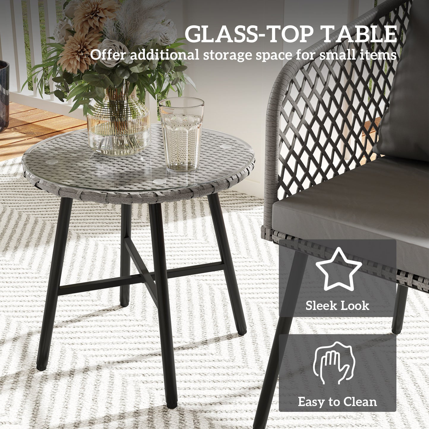 3 Piece Rattan Bistro Set with Cushions, Grey