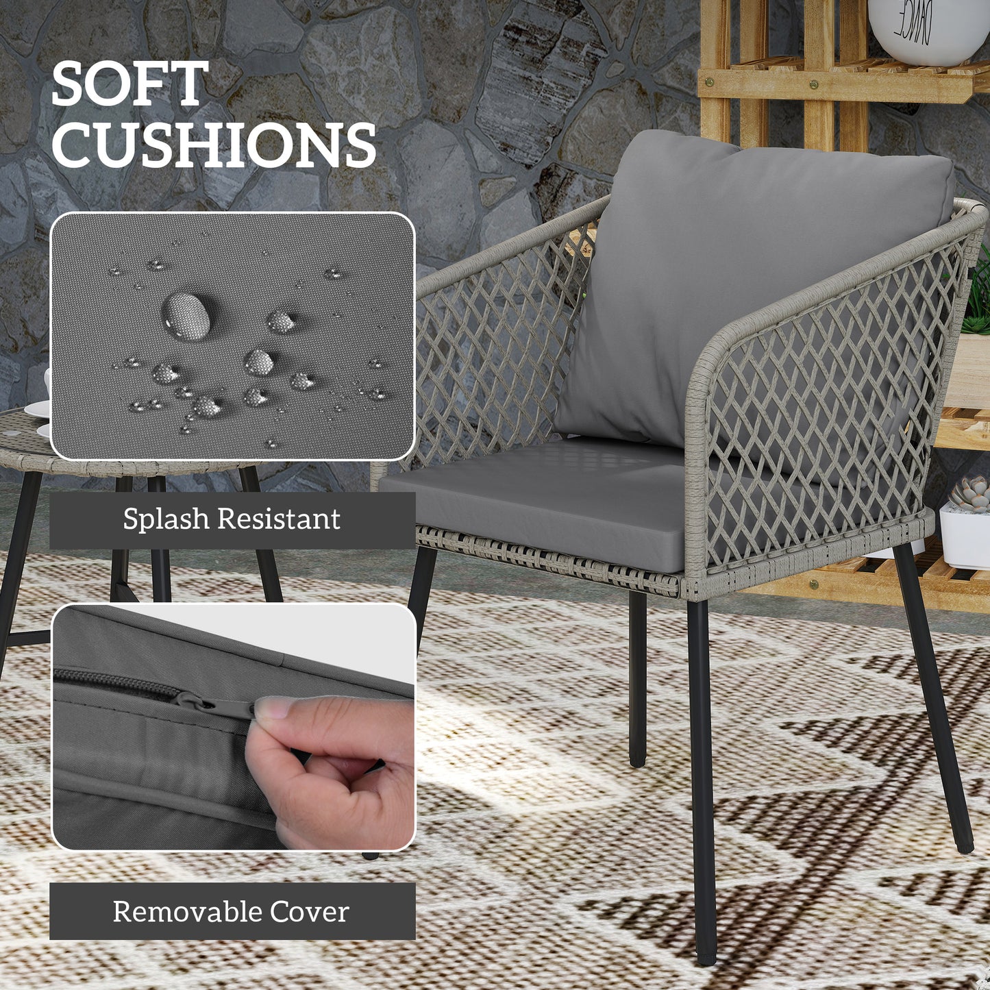 3 Piece Rattan Bistro Set with Cushions, Grey