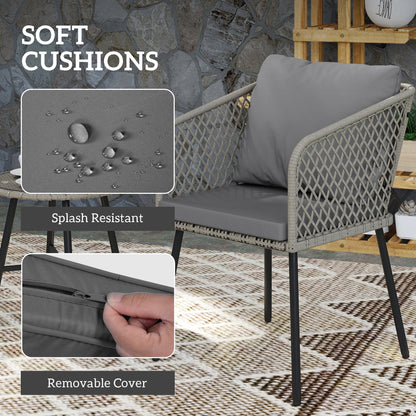 3 Piece Rattan Bistro Set with Cushions, Grey