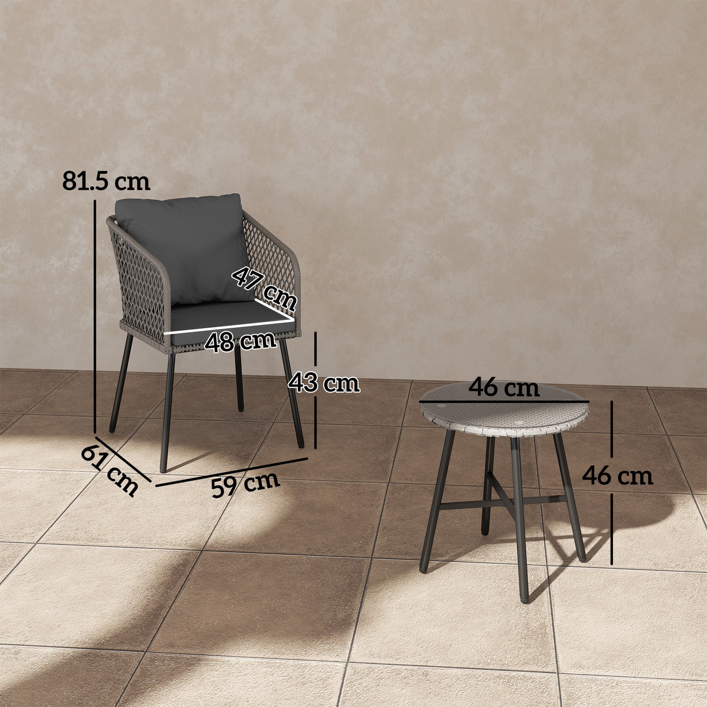 3 Piece Rattan Bistro Set with Cushions, Grey
