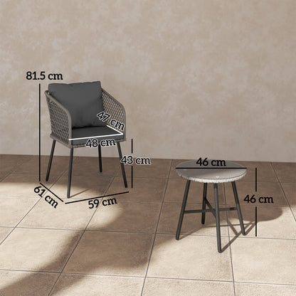 3 Piece Rattan Bistro Set with Cushions, Grey