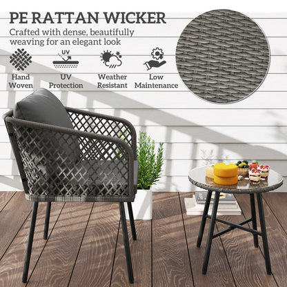 3 Piece Rattan Bistro Set with Cushions, Grey