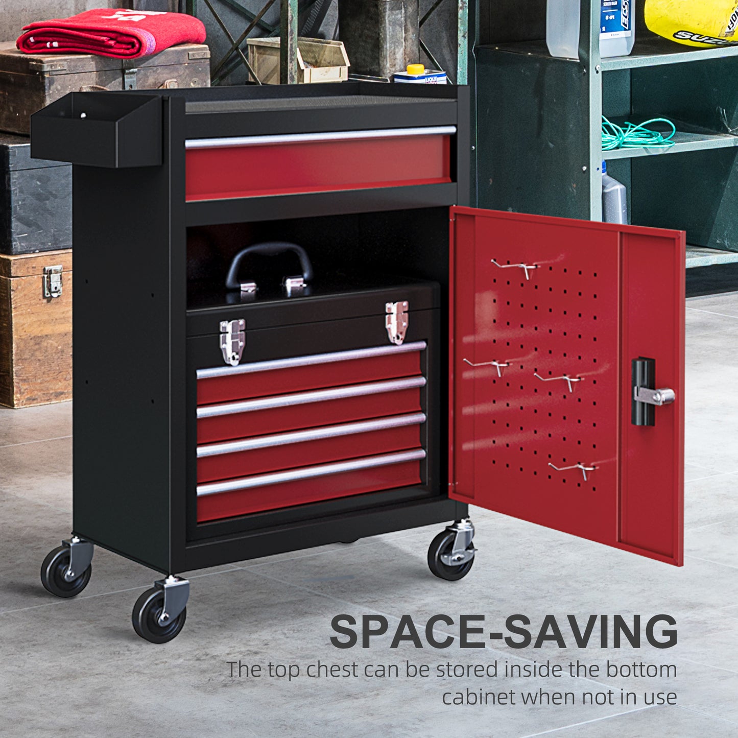 Tool Cabinet on Wheels with 5 Drawers Top Tool Chest Roller Cabinet Combo