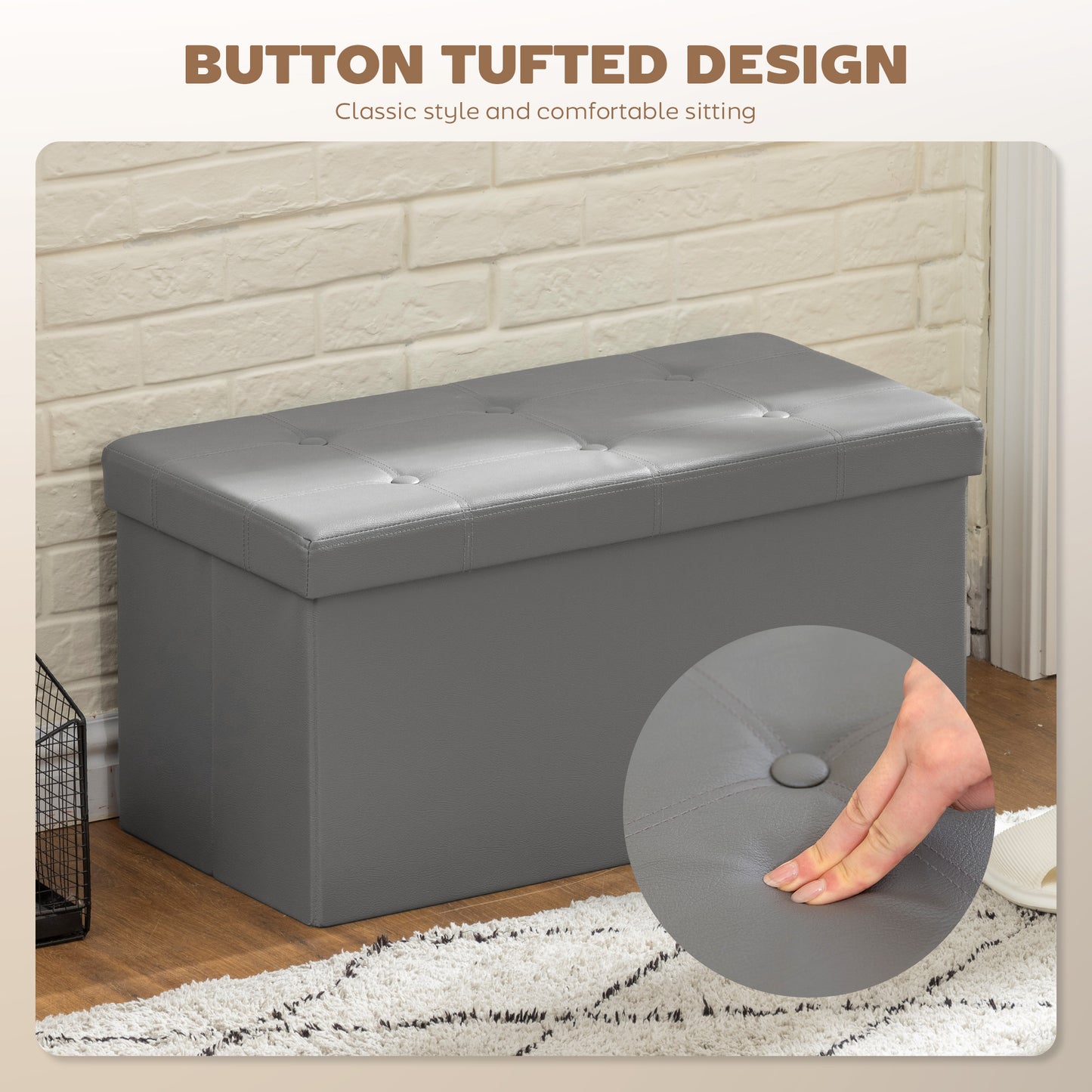 Storage Ottoman Bench, 89L PU Leather Folding Foot Rest, Grey