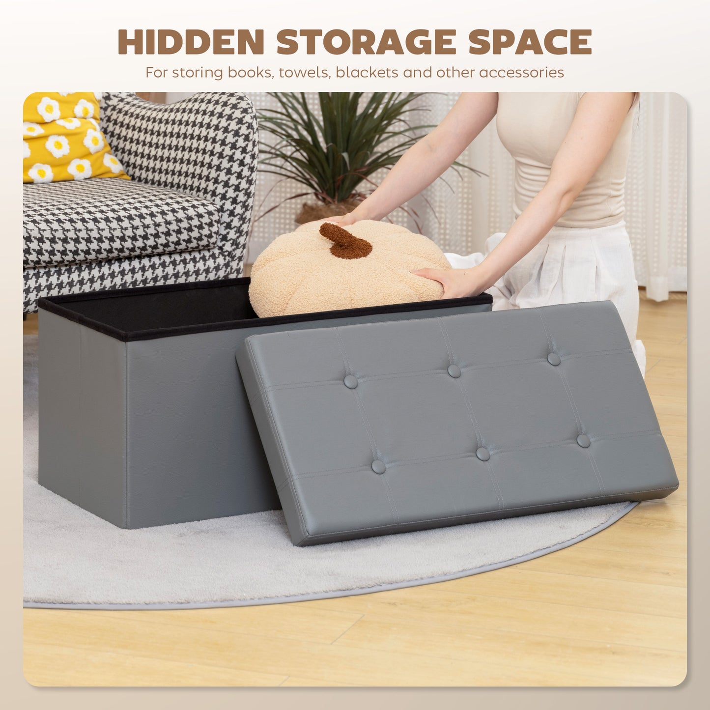 Storage Ottoman Bench, 89L PU Leather Folding Foot Rest, Grey