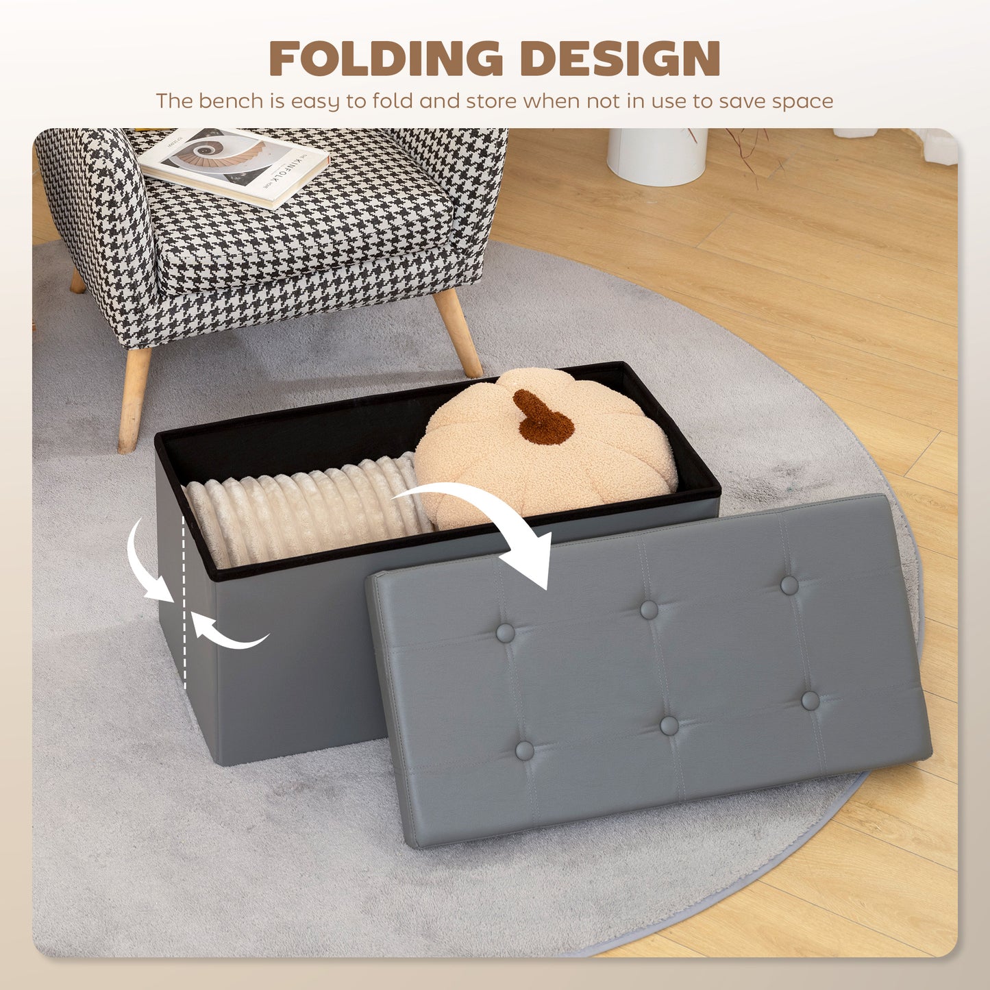 Storage Ottoman Bench, 89L PU Leather Folding Foot Rest, Grey