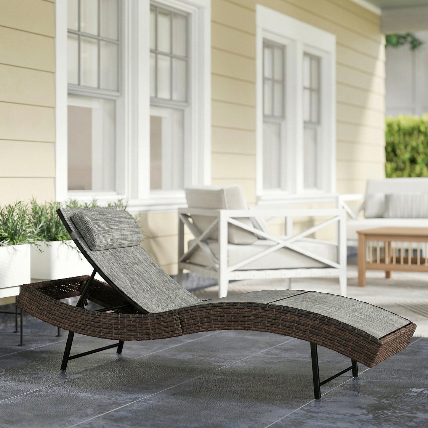 Rattan Sun Lounger with 5 Position Back, Texteline Seat, Brown