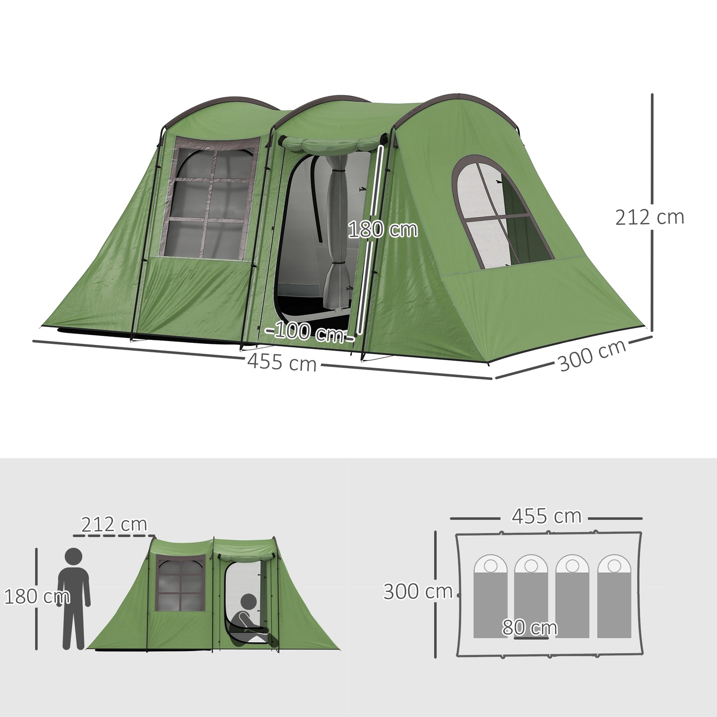 3-4 Man Tunnel Tent with Sewn in Floor, 3000mm Waterproof, Green