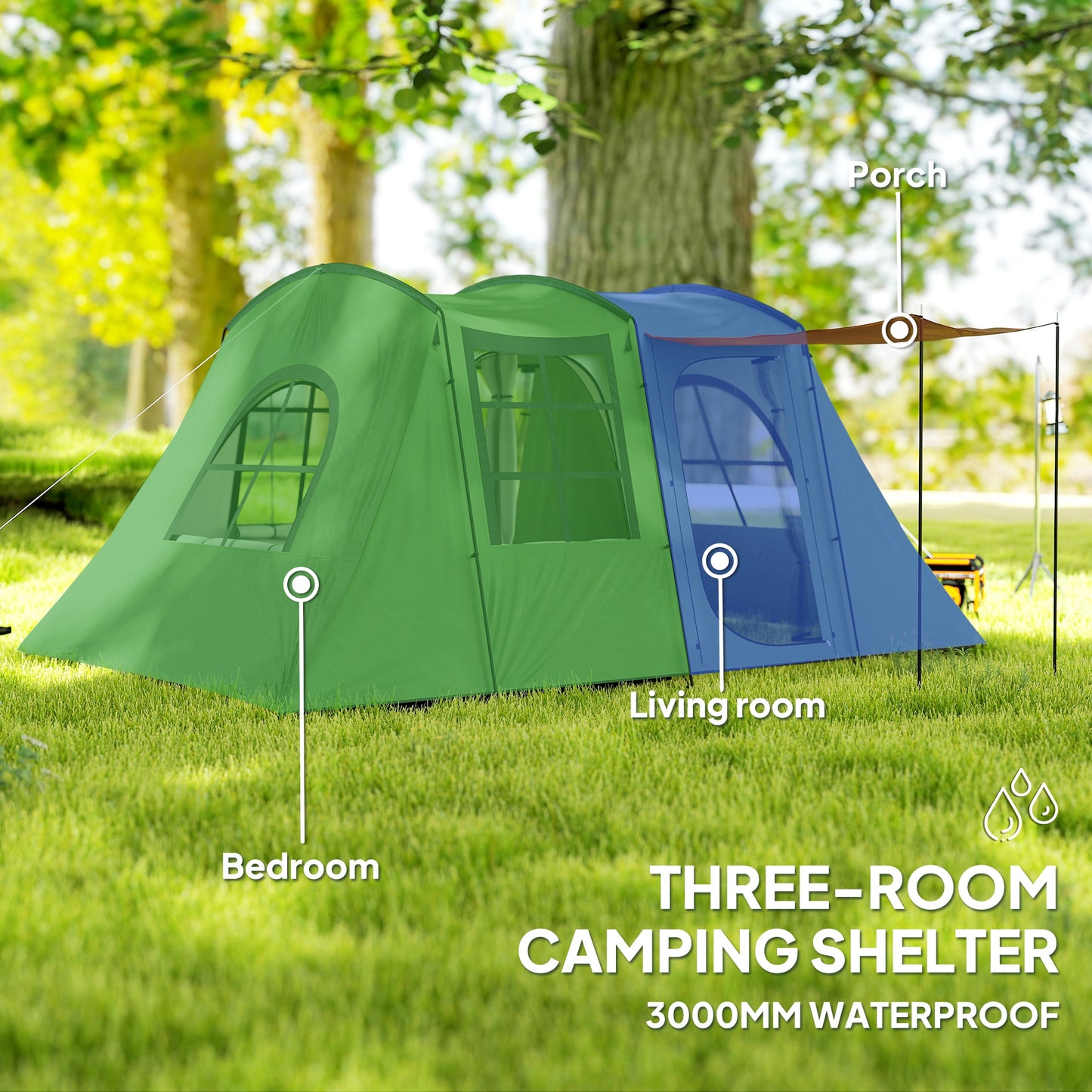 3-4 Man Tunnel Tent with Sewn in Floor, 3000mm Waterproof, Green