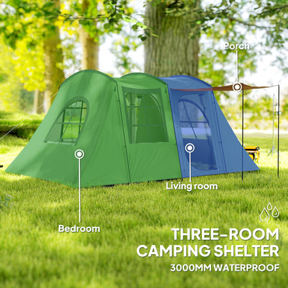 3-4 Man Tunnel Tent with Sewn in Floor, 3000mm Waterproof, Green