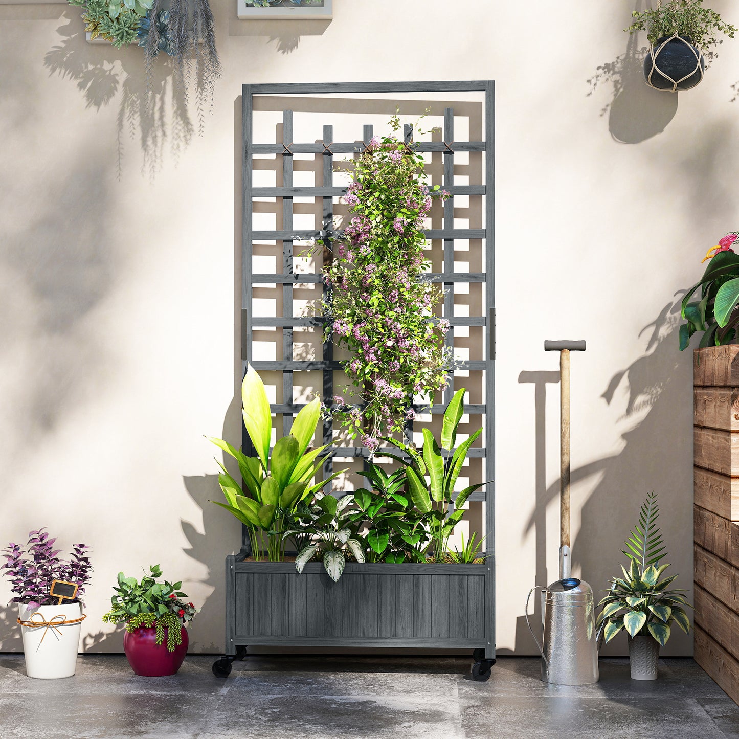 Wooden Trellis Planter, Raised Garden Bed with Wheels, Grey