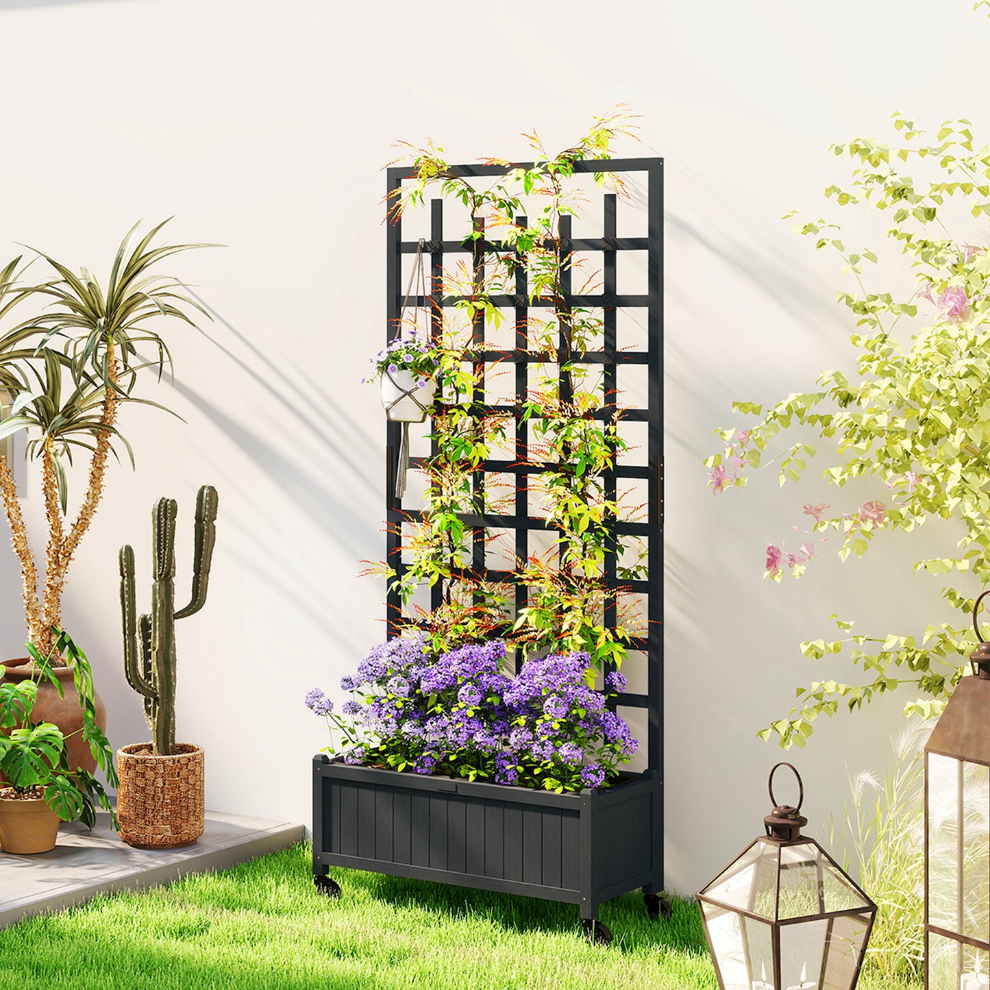Wooden Trellis Planter, Raised Garden Bed with Wheels, Grey