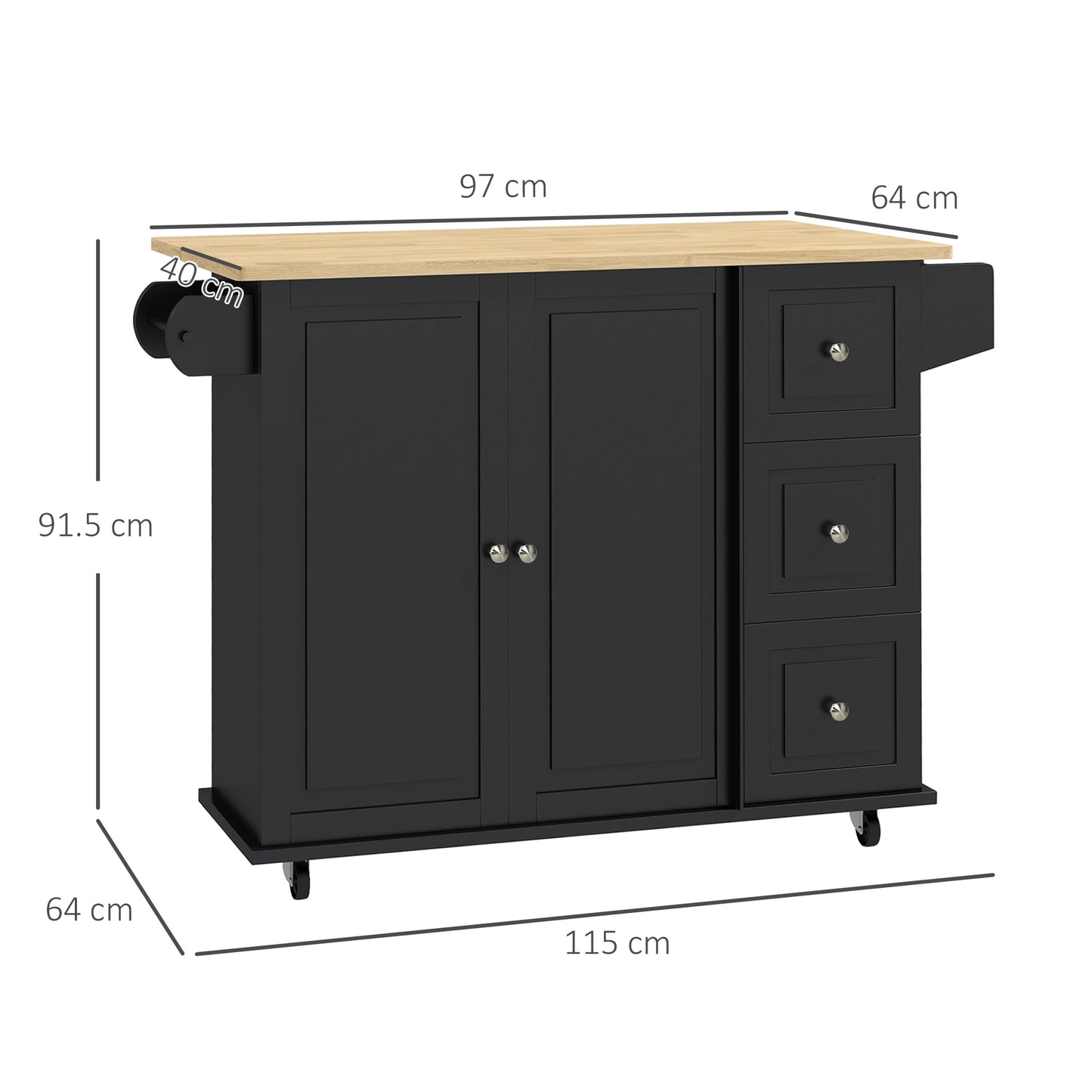 Kitchen Island with Drop Leaf, Rolling Kitchen Storage Trolley on Wheels with 3 Drawers, Spice Rack and Towel Rack, Storage Cart with Rubber Wood Top, Black