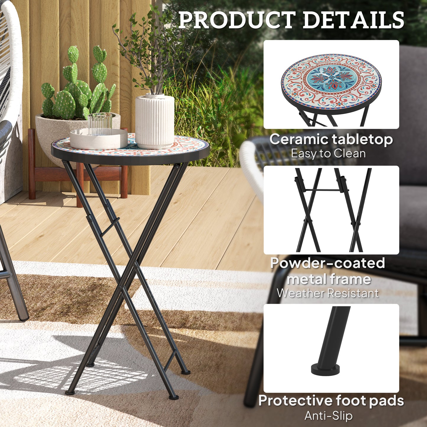 Mosaic Garden Table, 35.5cm Folding Coffee Table, Multicolour