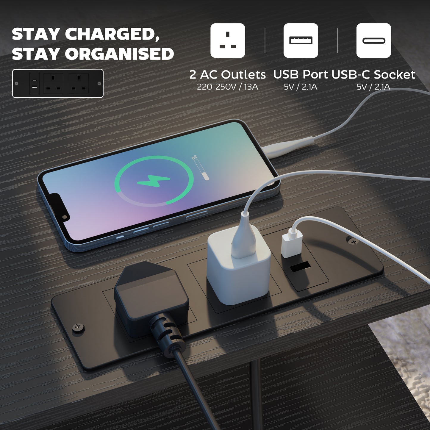 Slim Side Table with Charging Station, Bedside Table, Black